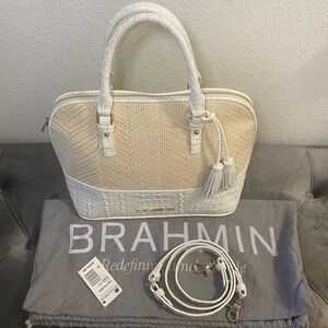 Like New & Rare Brahmin Vivian Macaroon Raffia Croc Embossed Genuine Leather Bag